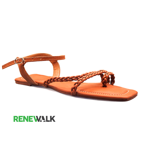 Brown Braided Ankle Strap Flat Sandal 2355