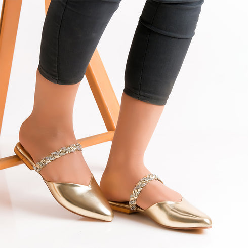 Rose Gold Party Wear Flat Mules For Women 2371