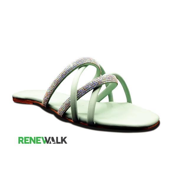 Green Crystal Multi Strap Flat Sandal For Women 2332