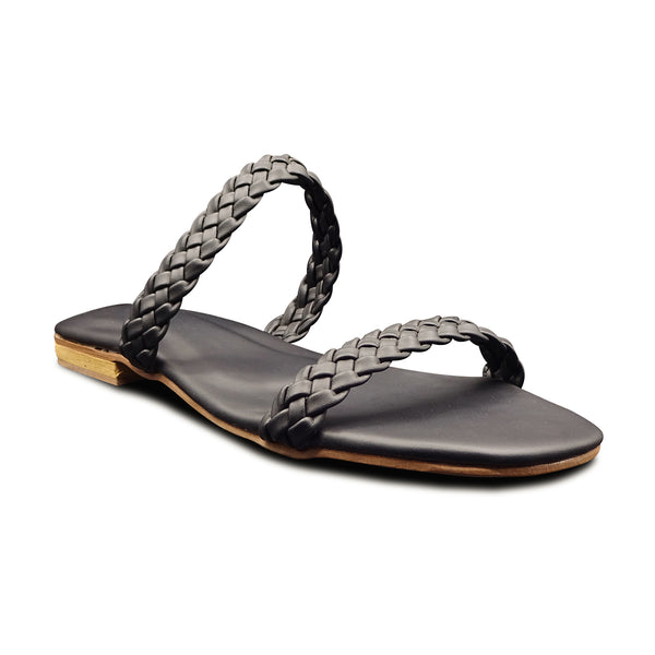 Black Twin Braided Strap Flat Sandal For Women 2321