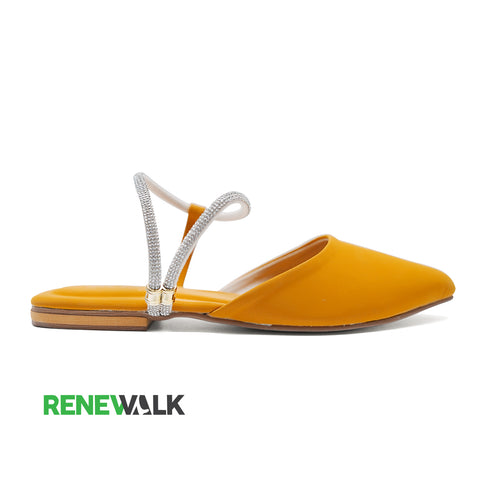 Yellow Ankle Strap Rhinestone Flat Mule For Women 2373