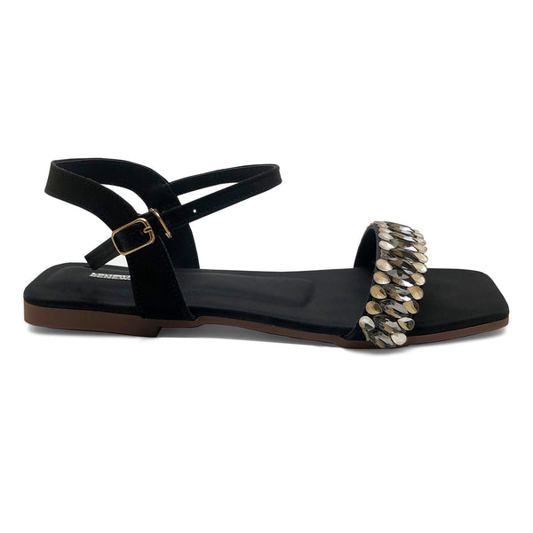 Black Fancy Ankle Strap Flat Sandal 2349 For Women