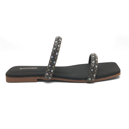 Black Fancy Double-strap Flat Sandals 23109 For Women
