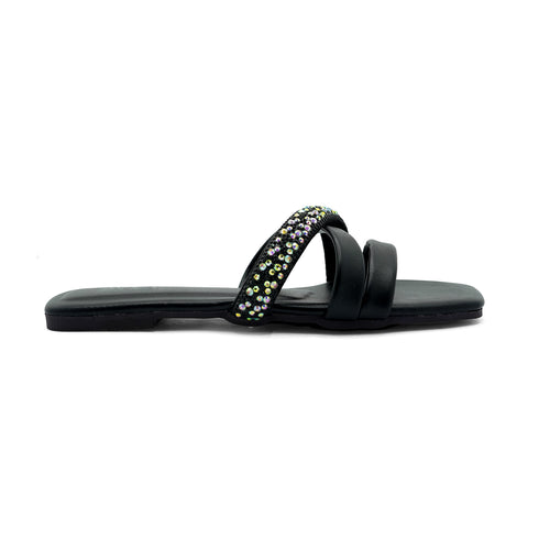 Black Crystal Cross Strap Flat Slipper 2341 For Women