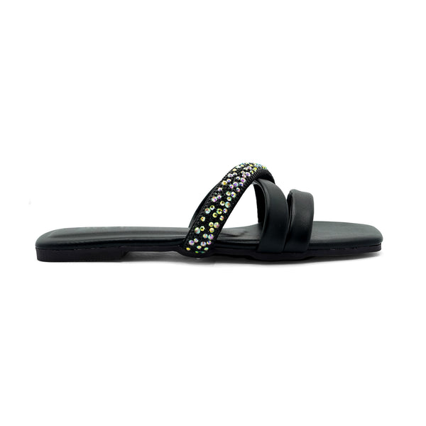 Black Crystal Cross Strap Flat Slipper 2341 For Women