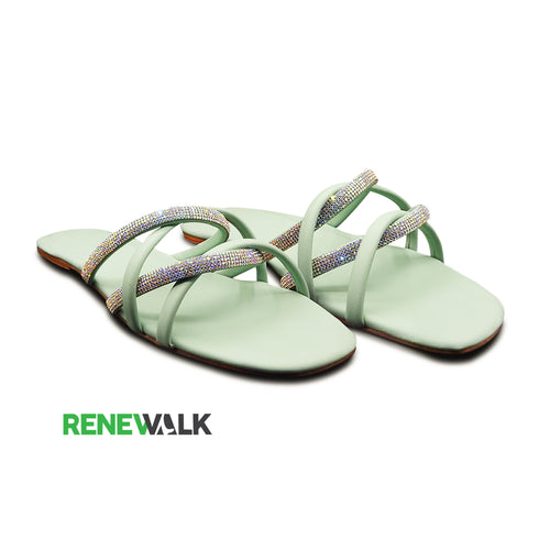 Green Crystal Multi Strap Flat Sandal For Women 2332