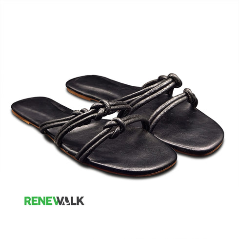 Black Twin Straps Knotted Flat Sandal For Women 2329
