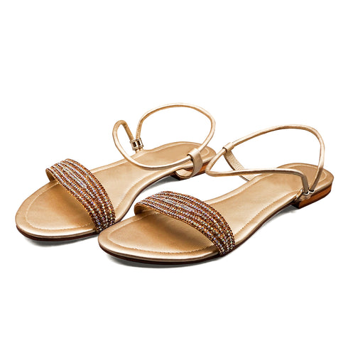 Gold Rhinestone Ankle Strap Flat Sandal For Women 2356