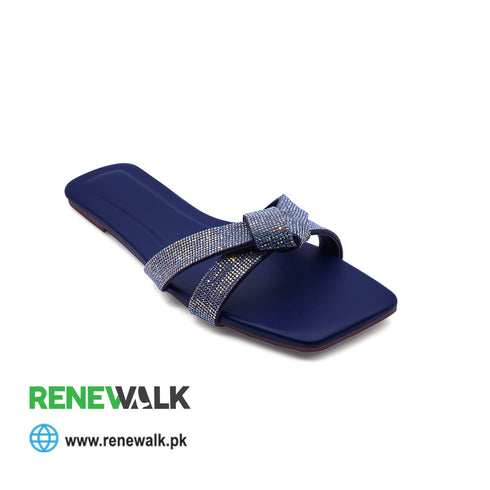 Blue Rhinestone Knotted Flat Slippers For Women 2361