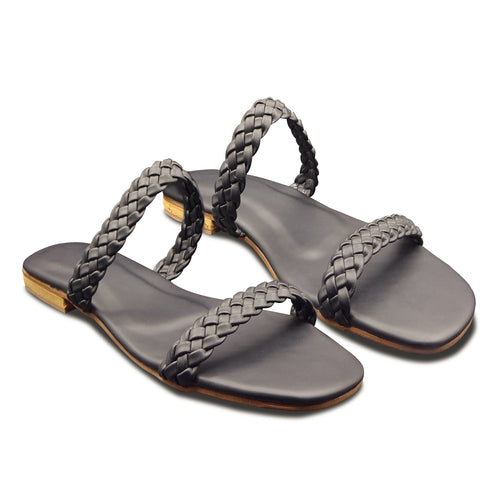 Black Twin Braided Strap Flat Sandal For Women 2321