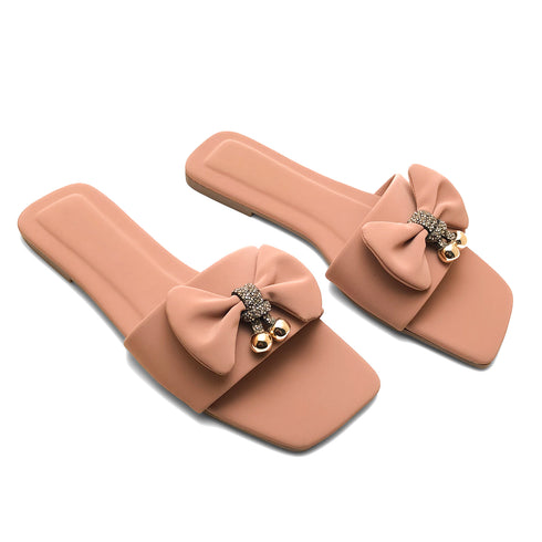 Pink Bow Charm Flat Slipper 23116 For Women