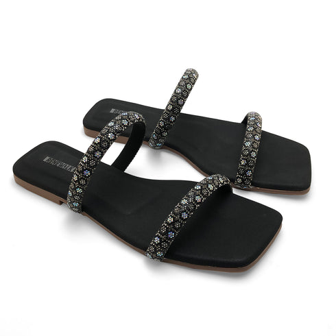 Black Fancy Double-strap Flat Sandals 23109 For Women