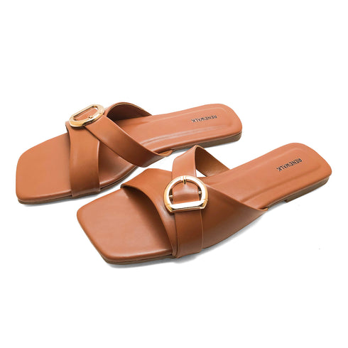 Brown Buckle Flat Sandal 2367 For Women