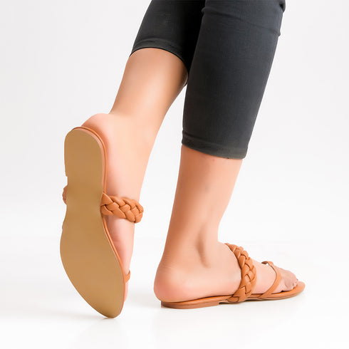 Summer Casual Wear Brown Braided Flat For Women 2375