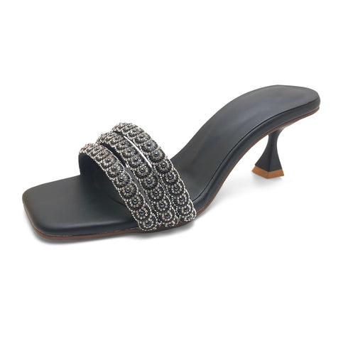 Black And Gold 4536 Crystal Strap Heel Sandal For Women