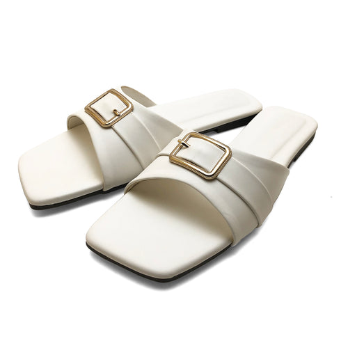 White Square Toe Buckle Flat Sandal 23108 For Women