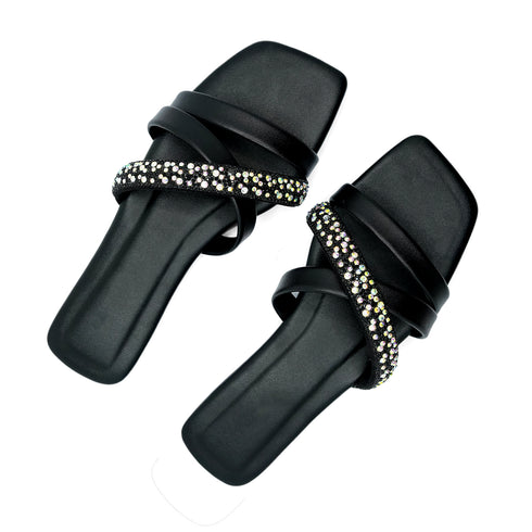 Black Crystal Cross Strap Flat Slipper 2341 For Women