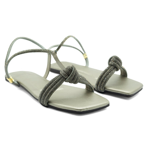 Grey Crystal Knotted Strap Flat Sandal 2343 For Women