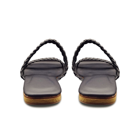 Black Twin Braided Strap Flat Sandal For Women 2321