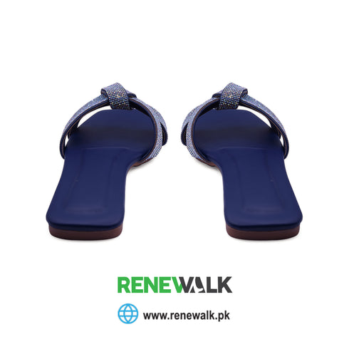 Blue Rhinestone Knotted Flat Slippers For Women 2361