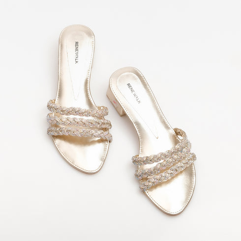 Gold Triple Strap Block Heel 4526 Sandal For Women