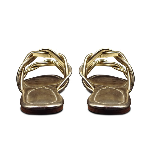 Gold Twisted Double Strap Flat Sandal For Women 2323