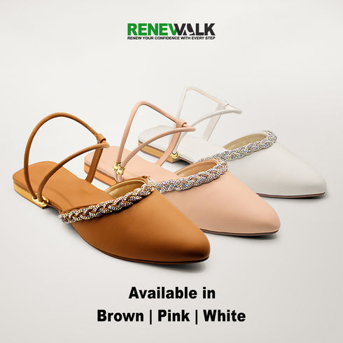 Brown, Pink, White Party Wear Flat Mules For Women 2368