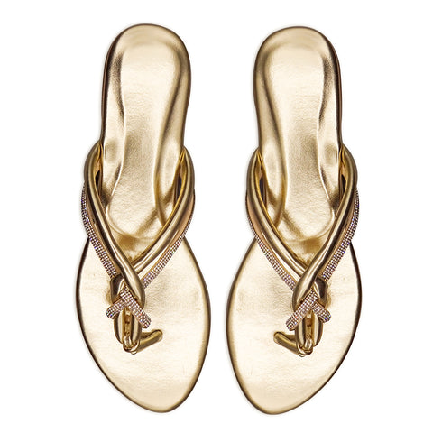 Gold Crystal Party Wear Flat Sandal For Women 2352