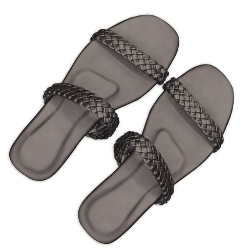 Black Twin Braided Strap Flat Sandal For Women 2321