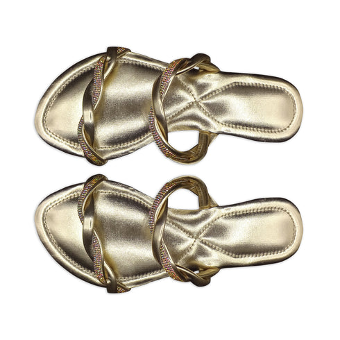 Gold Twisted Double Strap Flat Sandal For Women 2323