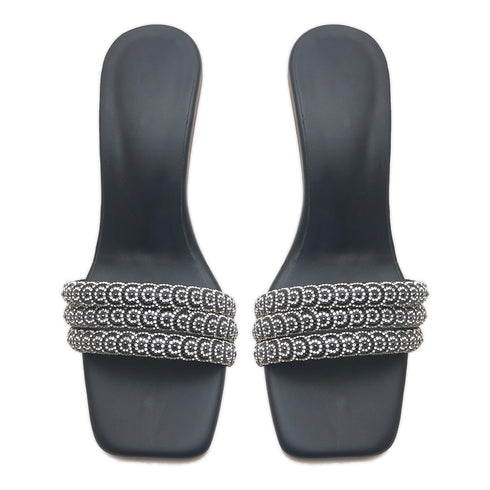 Black And Gold 4536 Crystal Strap Heel Sandal For Women