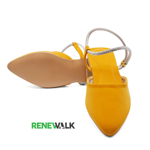 Yellow Ankle Strap Rhinestone Flat Mule For Women 2373