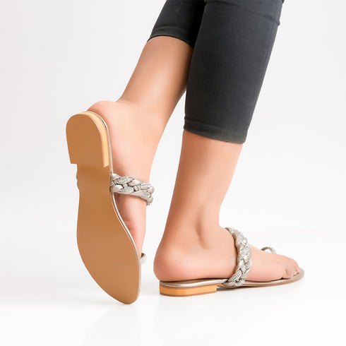 Grey Rhinestone Bar Flat For Womens 2337