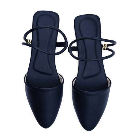Elegant Black Ankle Strap Flat Mule For Women 2374